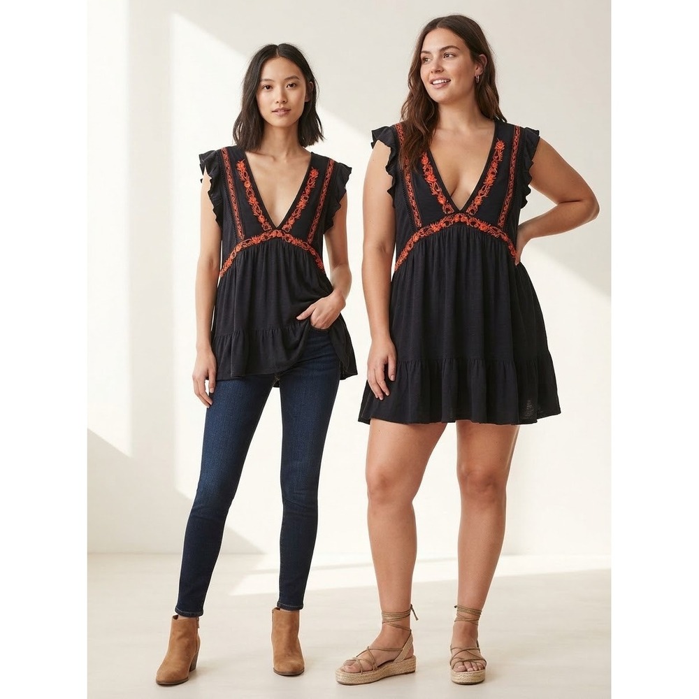 Free People Womens Babydoll Top Black Large Embroidered V-Neck Boho Ruffle L